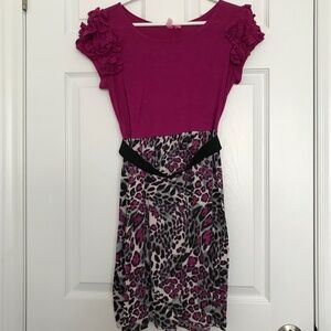 Cheetah Print Floral Shoulder Mini Dress Women's XS/S Girls 14 Pink With Belt